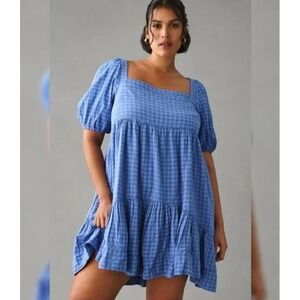 Anthropologie Pilcro Square Neck Seersucker Babydoll Dress Womens Large Plaid